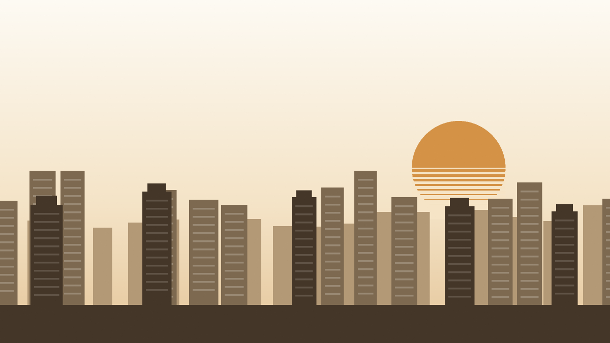 Illustration of mid-rise apartment clusters separated by open plots, representing Arjan, drawn in flat tonal bands under a warm afternoon sky.