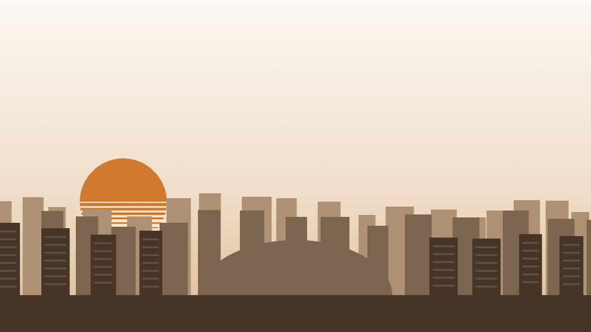 Illustration of a low skyline broken by a large stadium bowl at its centre, representing Dubai Sports City.