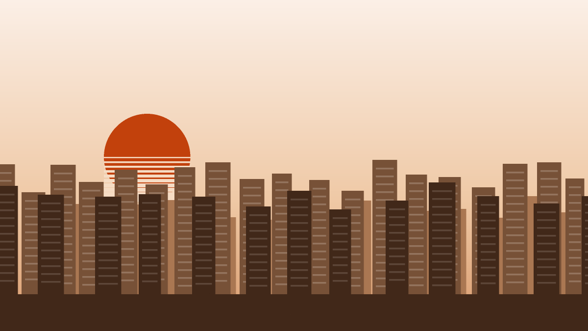 Illustration of a dense, uniform mid-rise skyline representing Jumeirah Village Circle, drawn in flat tonal bands under a cool morning sky.