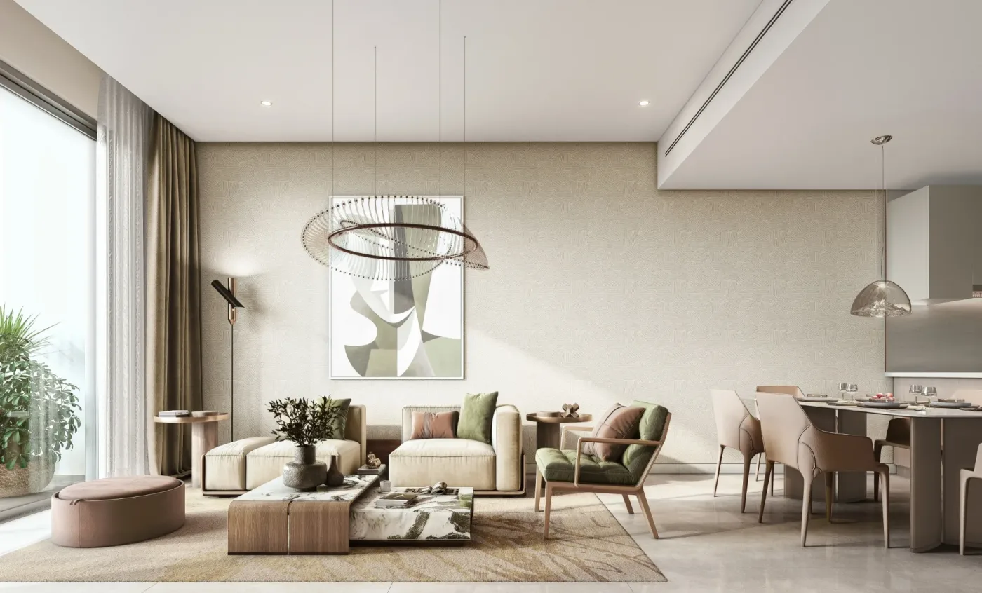 Interior render of a living area in The Woods at Sobha Sanctuary, with floor-to-ceiling glazing onto a balcony.