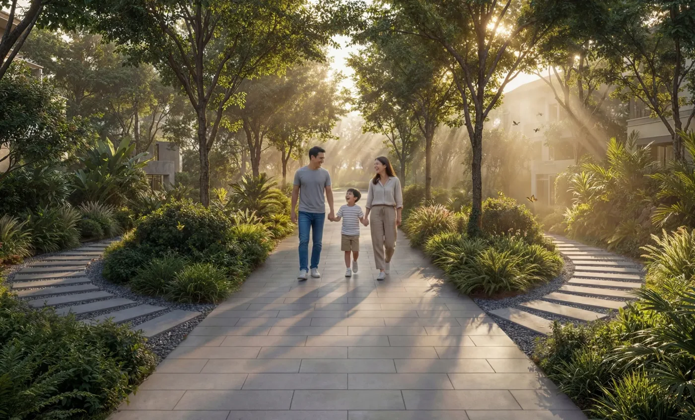 Render of The Woods at Sobha Sanctuary seen from the surrounding parkland, with green corridors running along the building edges.