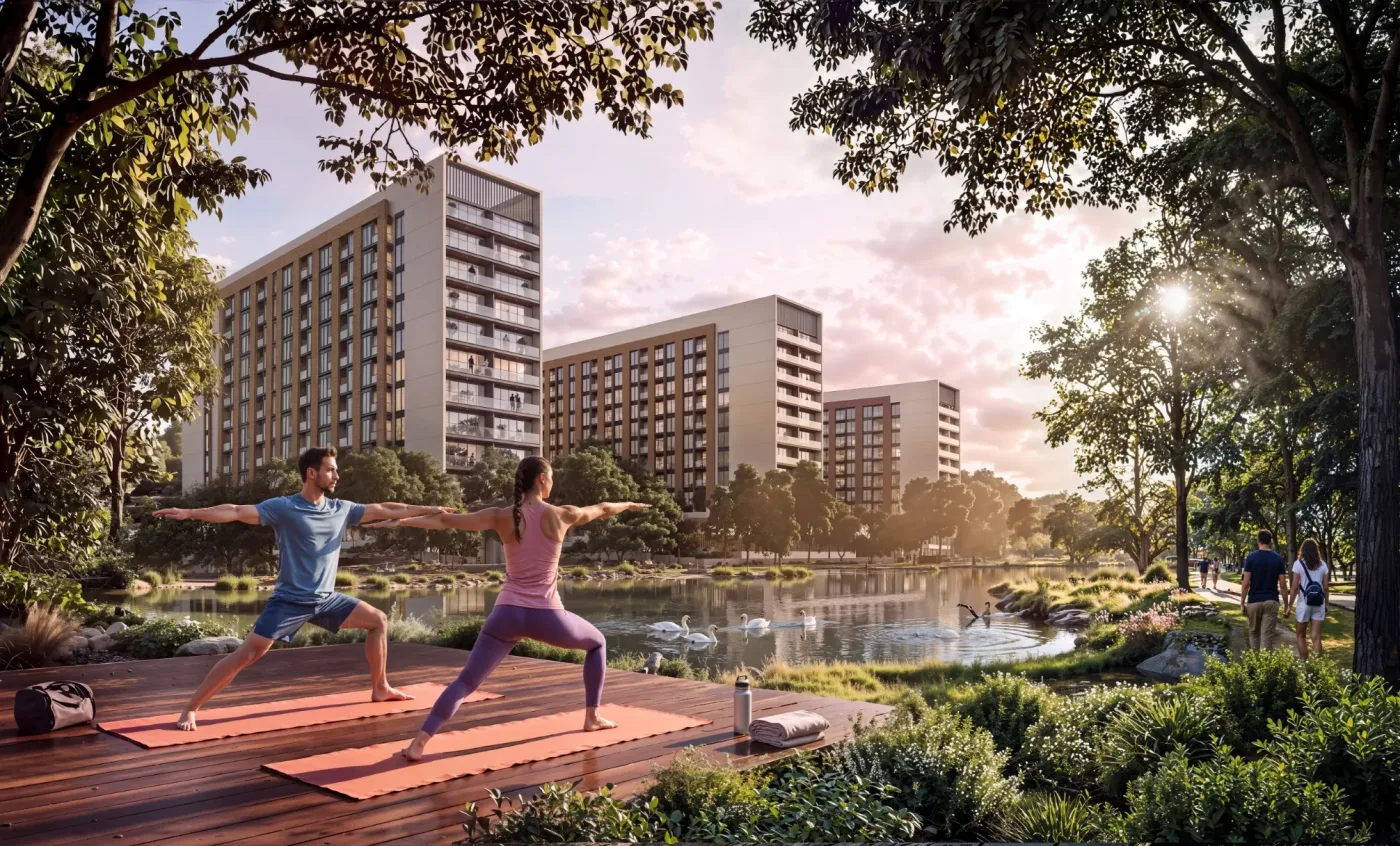 Render of the pool deck and landscaped podium at The Woods, Sobha Sanctuary.