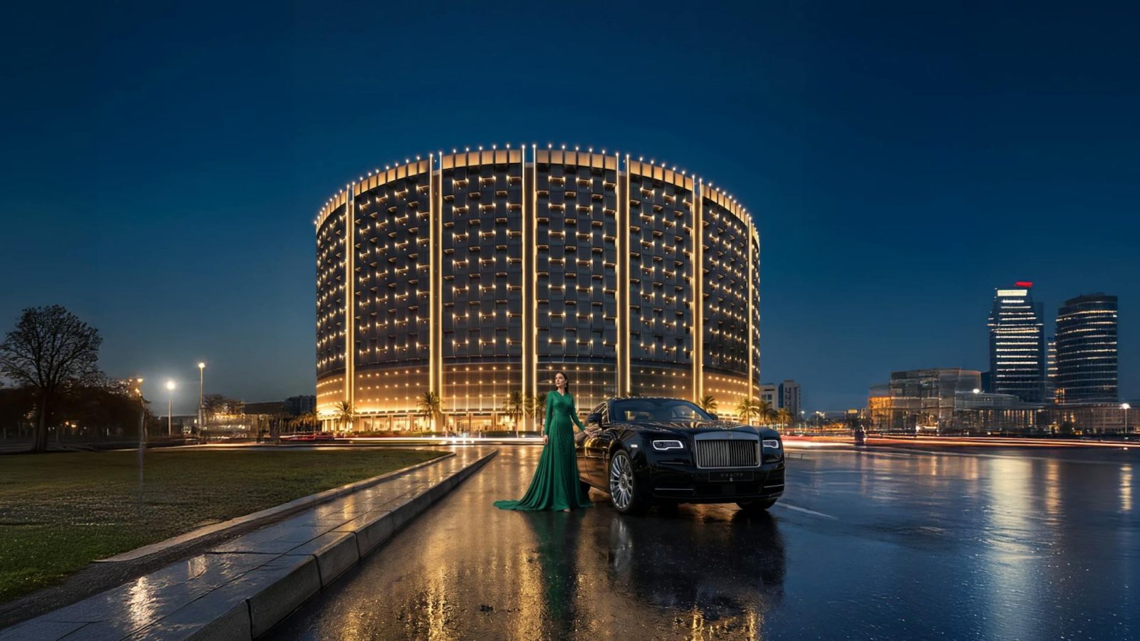 Binghatti Wraith by Binghatti Developers, ground-level render of the tower at dusk, Al Jaddaf, Dubai