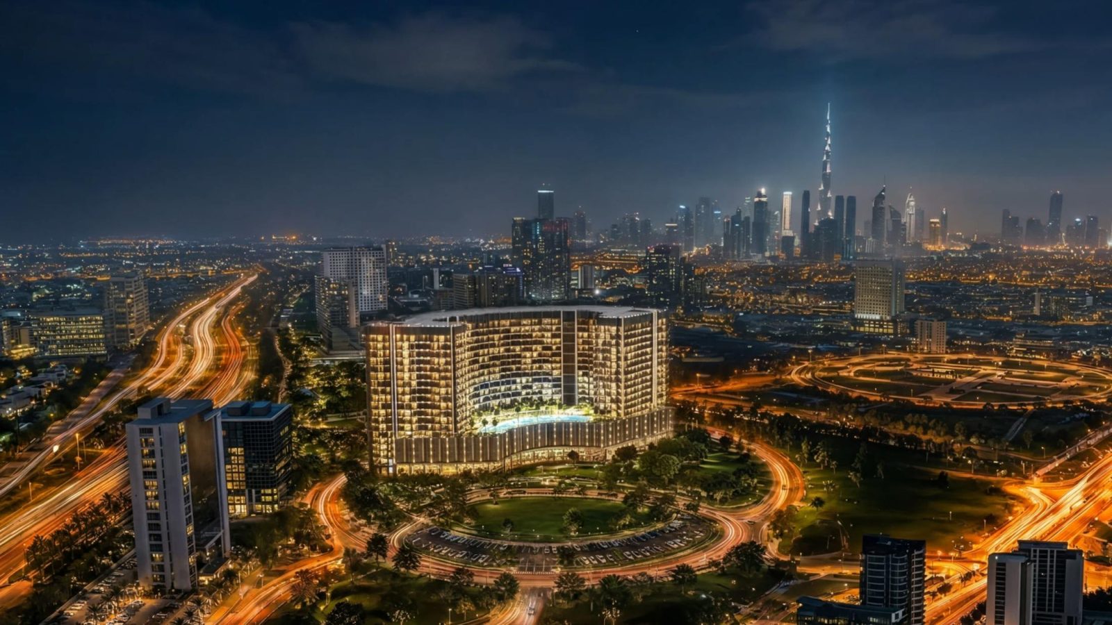 Binghatti Wraith, Al Jaddaf: render of the tower at night with the Downtown Dubai skyline behind