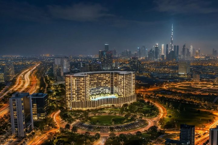 Binghatti Wraith, Binghatti Wraith, Al Jaddaf: render of the tower at night with the Downtown Dubai skyline behind