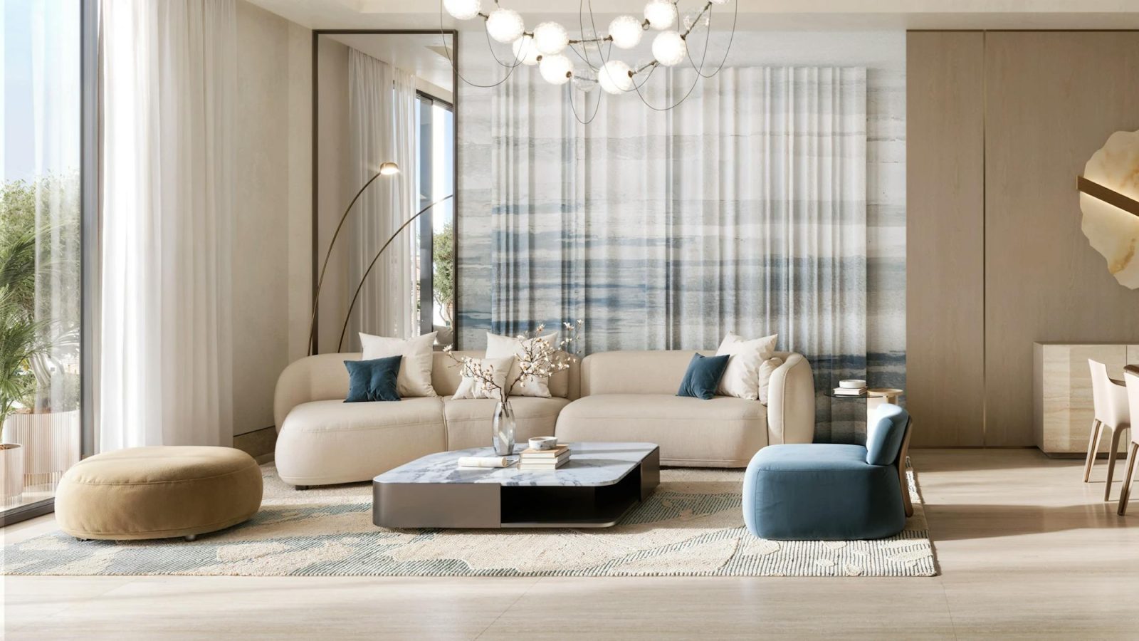 Living room render in an apartment at Binghatti Wraith by Binghatti Developers