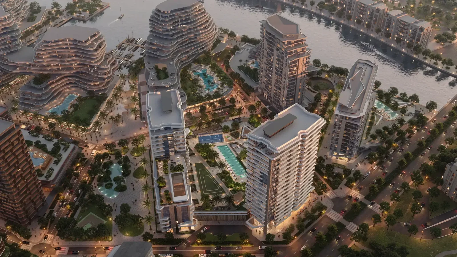 Aerial render of the Downtown Mina district on Raha Island by RAK Properties