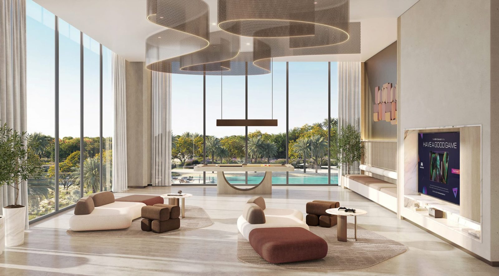 Club lounge at Everly Place by Ellington Properties, overlooking the pool deck