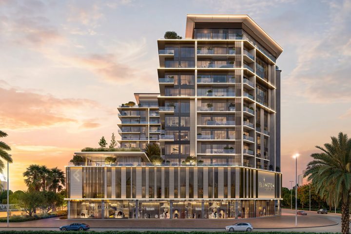 Ellington Everly Place, Everly Place by Ellington Properties, exterior render at dusk, Mohammed Bin Rashid City, Dubai