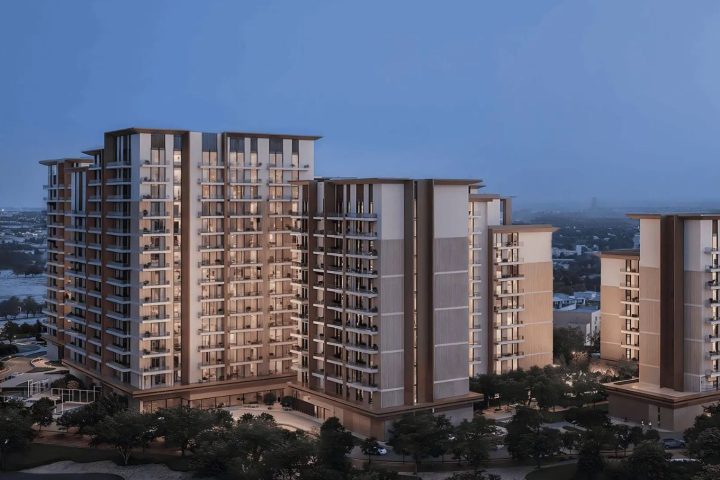 Ghadeer at Expo Valley Views, Dusk elevation showing the twelve to fifteen storey apartment blocks at Expo Valley Views