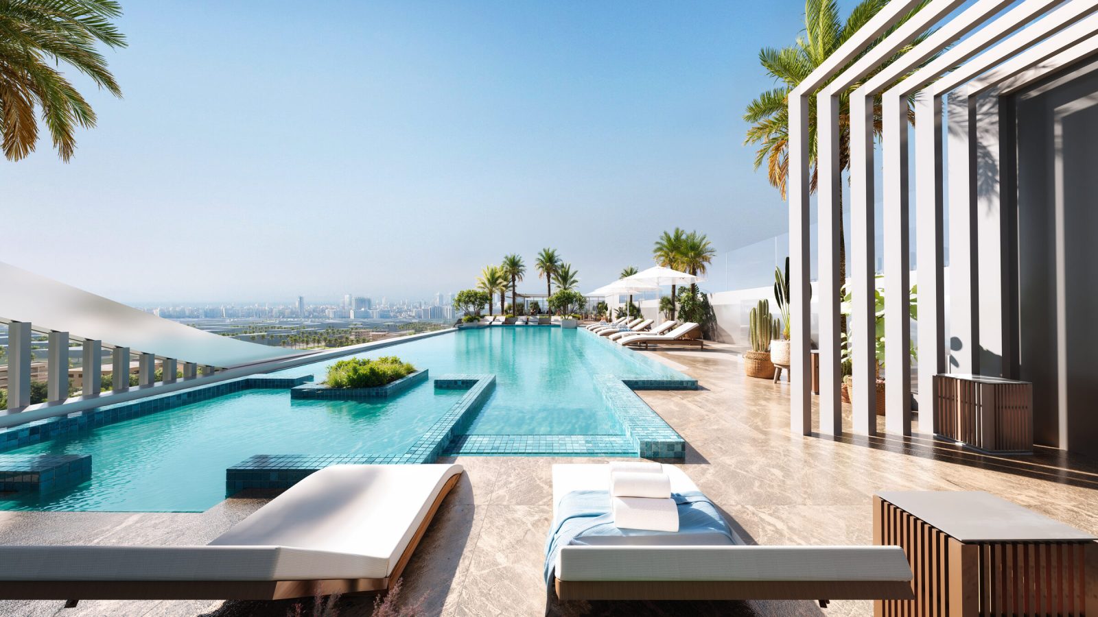 Rooftop infinity pool at LINEA by HOLM with sun loungers, planting and a shaded pergola
