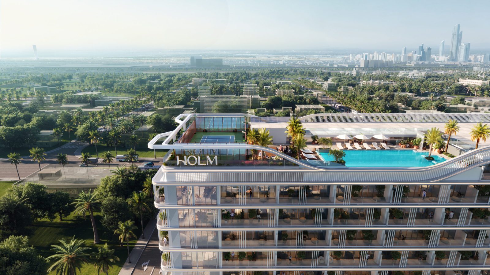 Aerial view of the LINEA by HOLM roof level showing the swimming pool, lounge terrace and enclosed padel court
