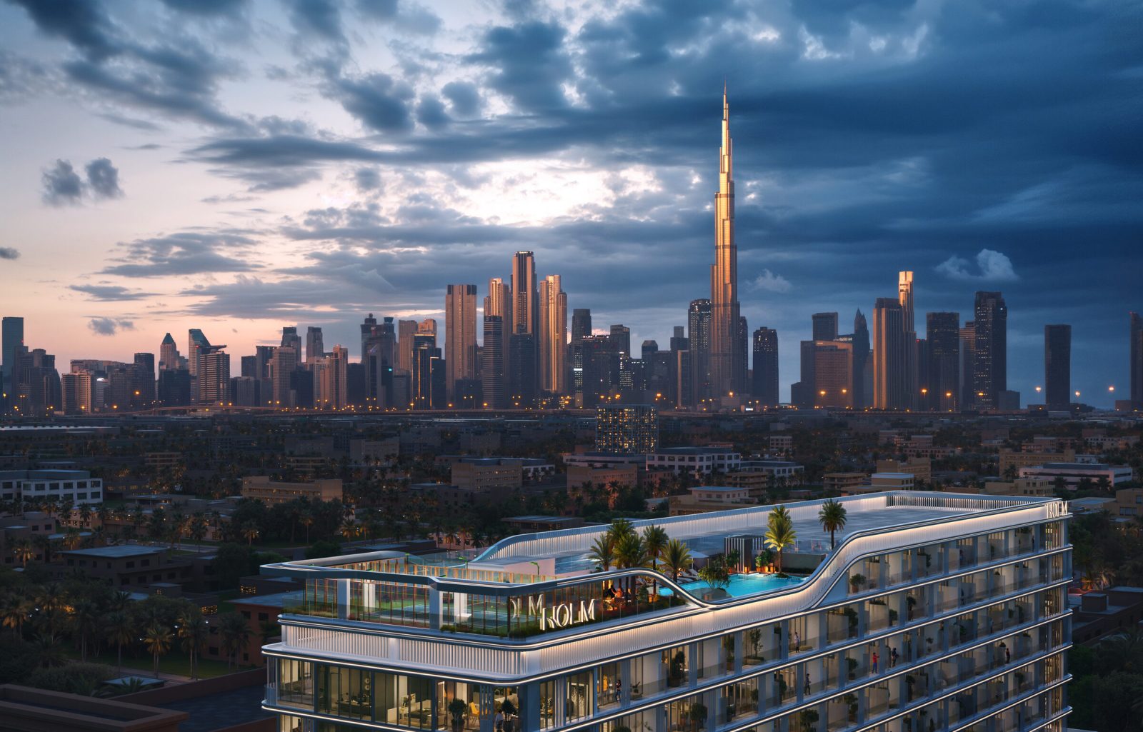 LINEA by HOLM at dusk with the rooftop pool and padel court lit, Burj Khalifa and Downtown Dubai behind