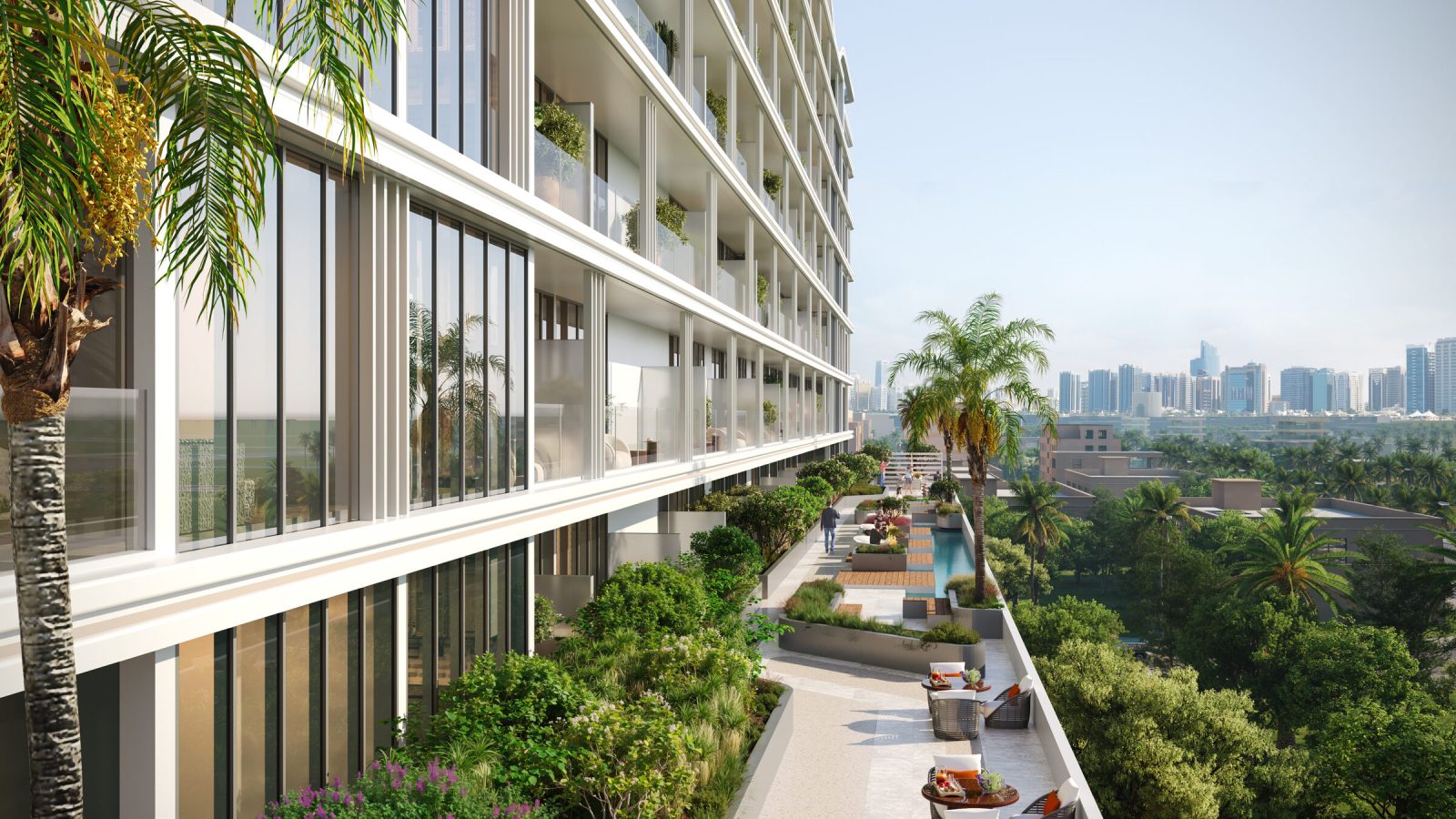 Planted terrace running alongside the glazed residential floors at LINEA by HOLM, with a lap pool and seating
