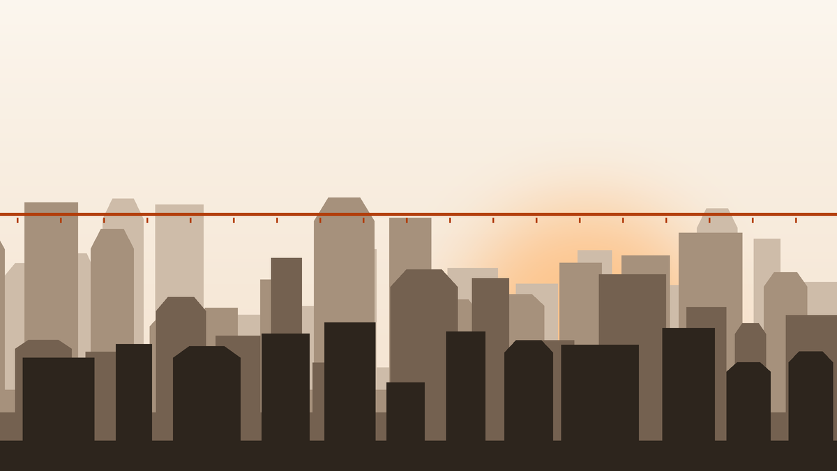 Illustration of a UAE skyline in receding tonal layers with a single horizontal rule drawn across it, a handful of towers reaching above the line and most sitting below it, with a warm low sun behind.