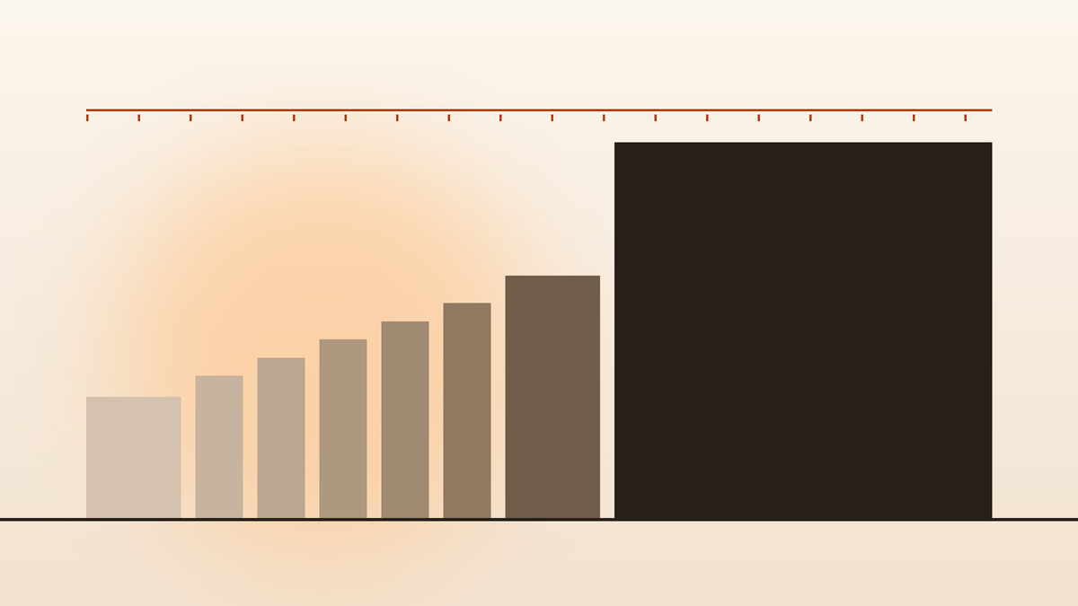 Illustration of seven small rising payment blocks followed by one much larger dark block, with a horizontal rule above them, representing instalments during construction and the balance due at handover.