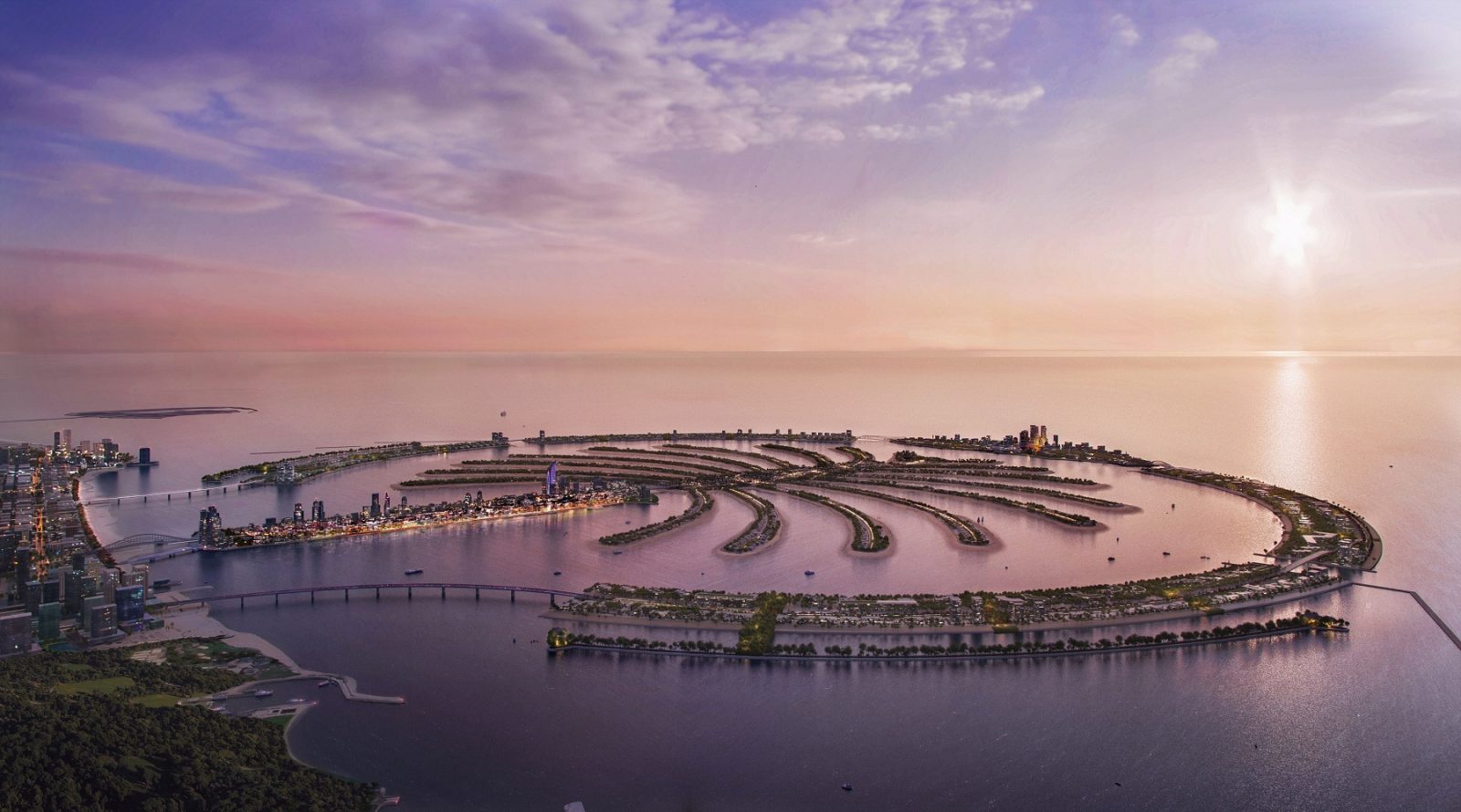 Aerial render of Palm Jebel Ali showing the fronds and beachfront villa plots