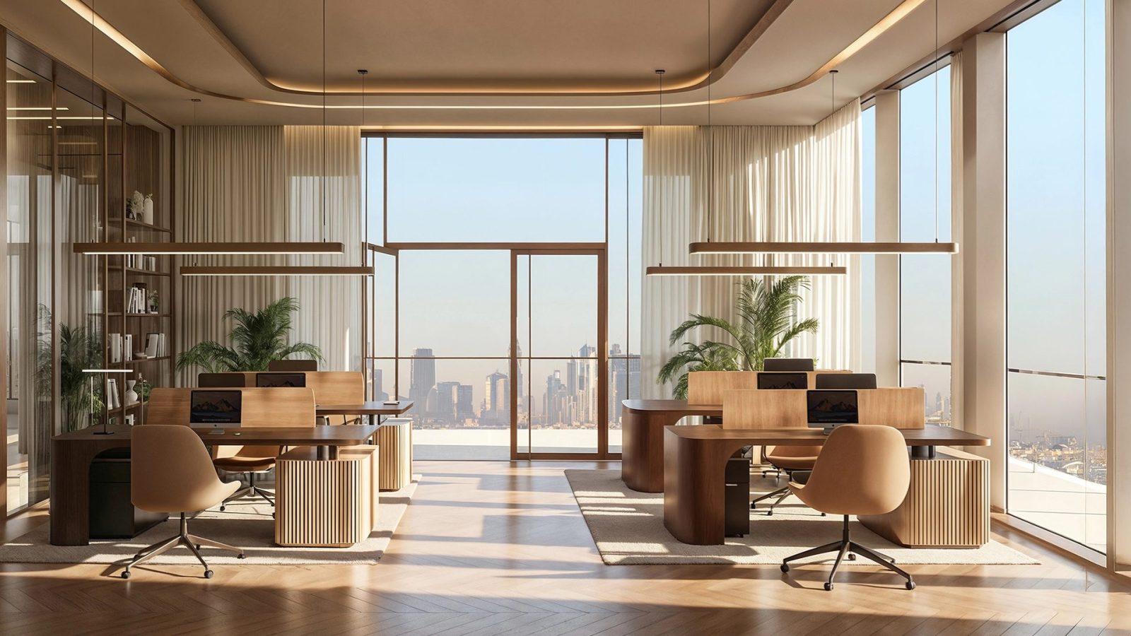 Office at Shahrukhz with two desks, seating and full-height glazing over the city