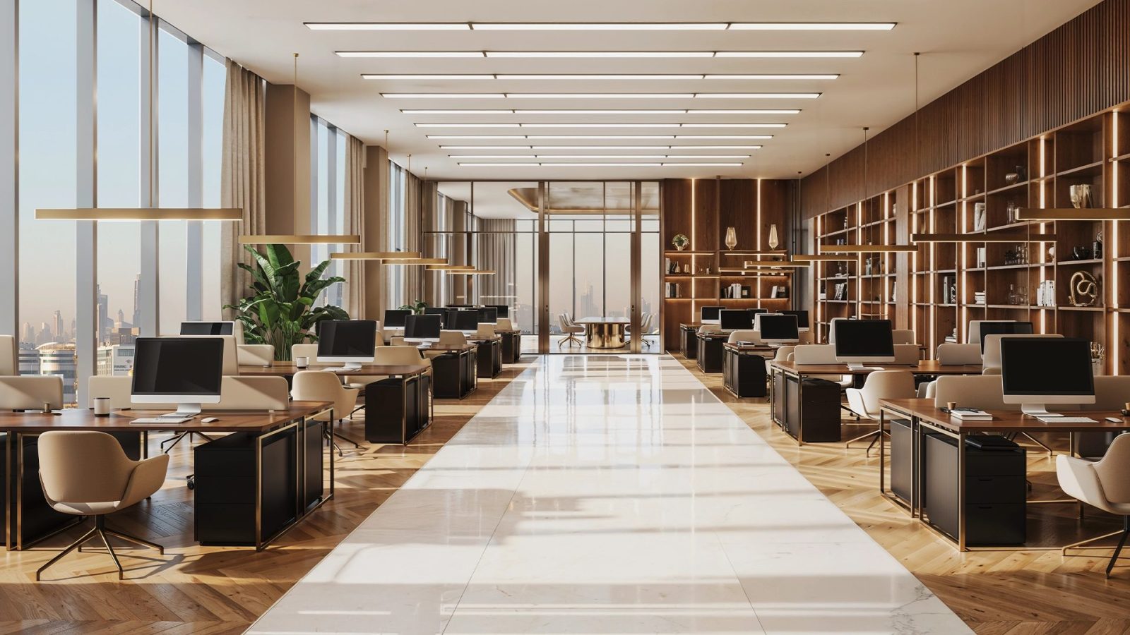Open-plan office floor at Shahrukhz with rows of workstations and shelving along one wall