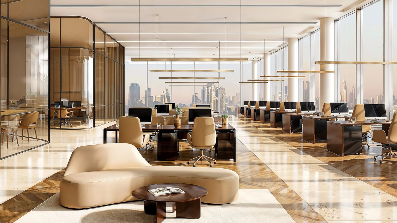 Open-plan office at Shahrukhz with glazed partitions, workstations and lounge seating
