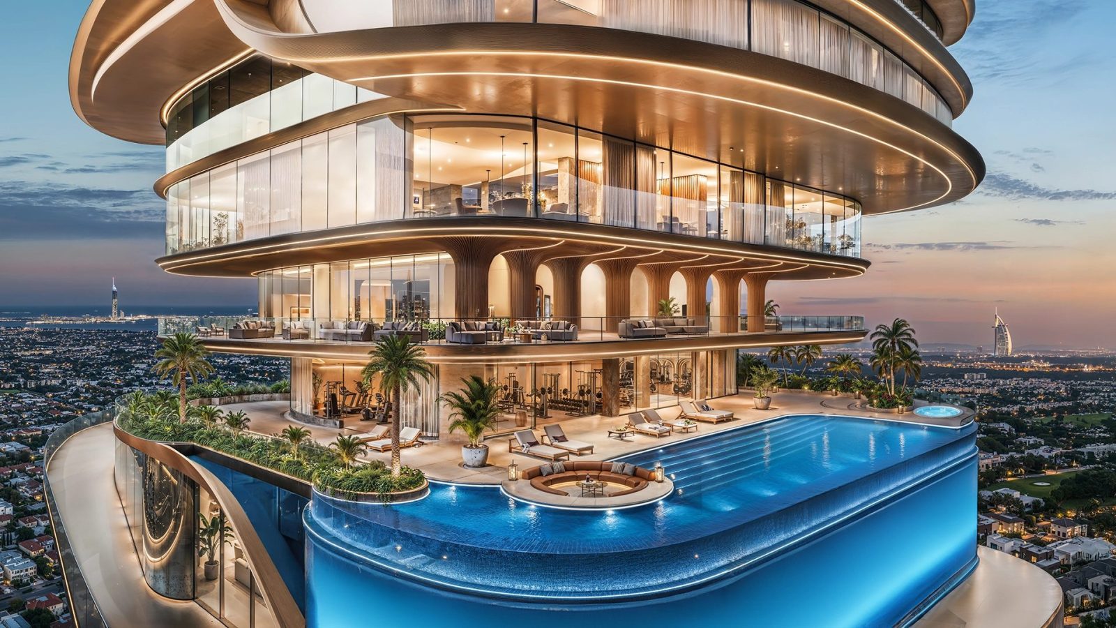 Sky pool cantilevered from the amenity levels of Shahrukhz at dusk with the Dubai skyline beyond