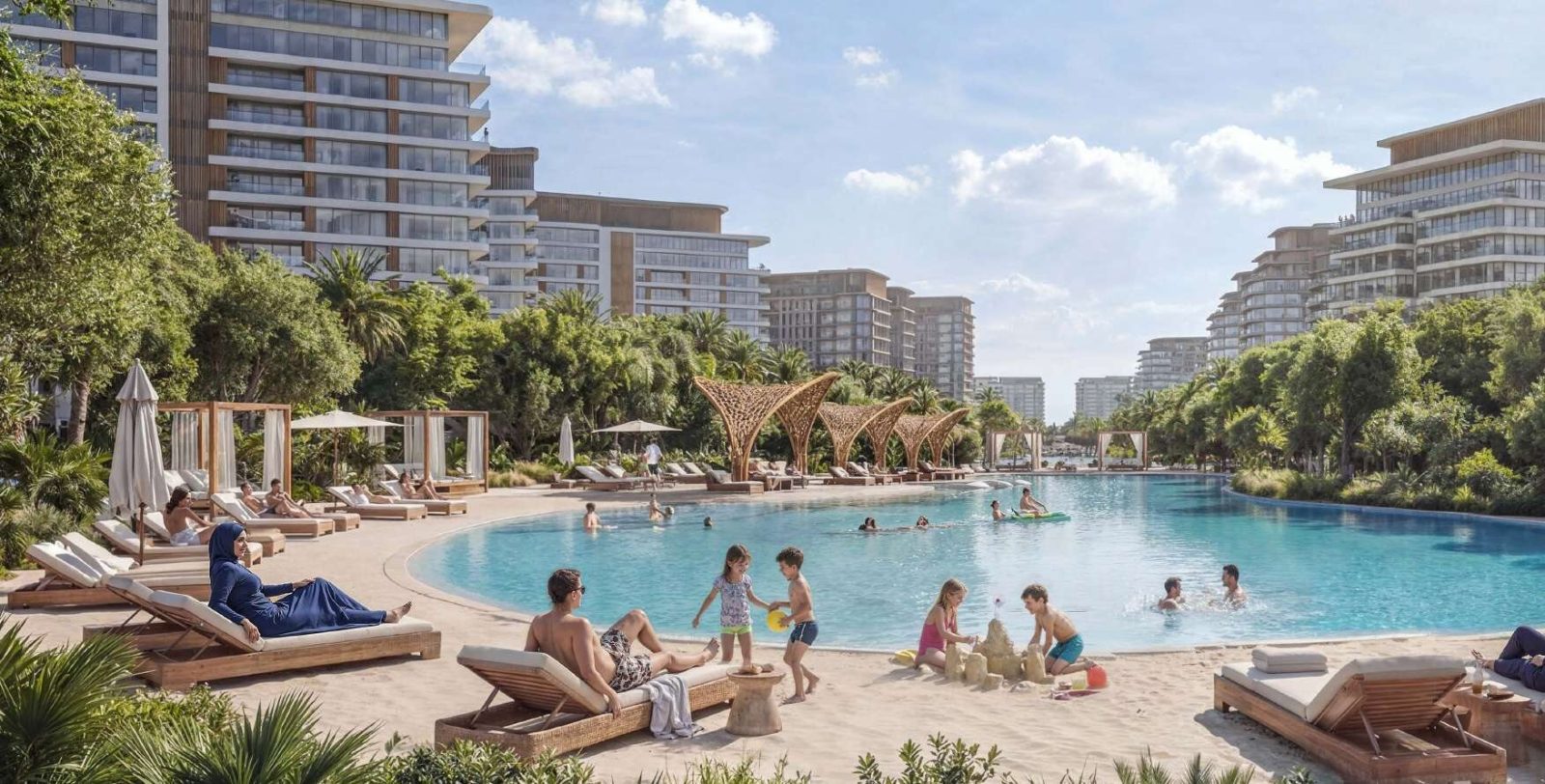 Swimmable lagoon at Sobha Sanctuary with a sand beach, loungers, cabanas and apartment buildings behind