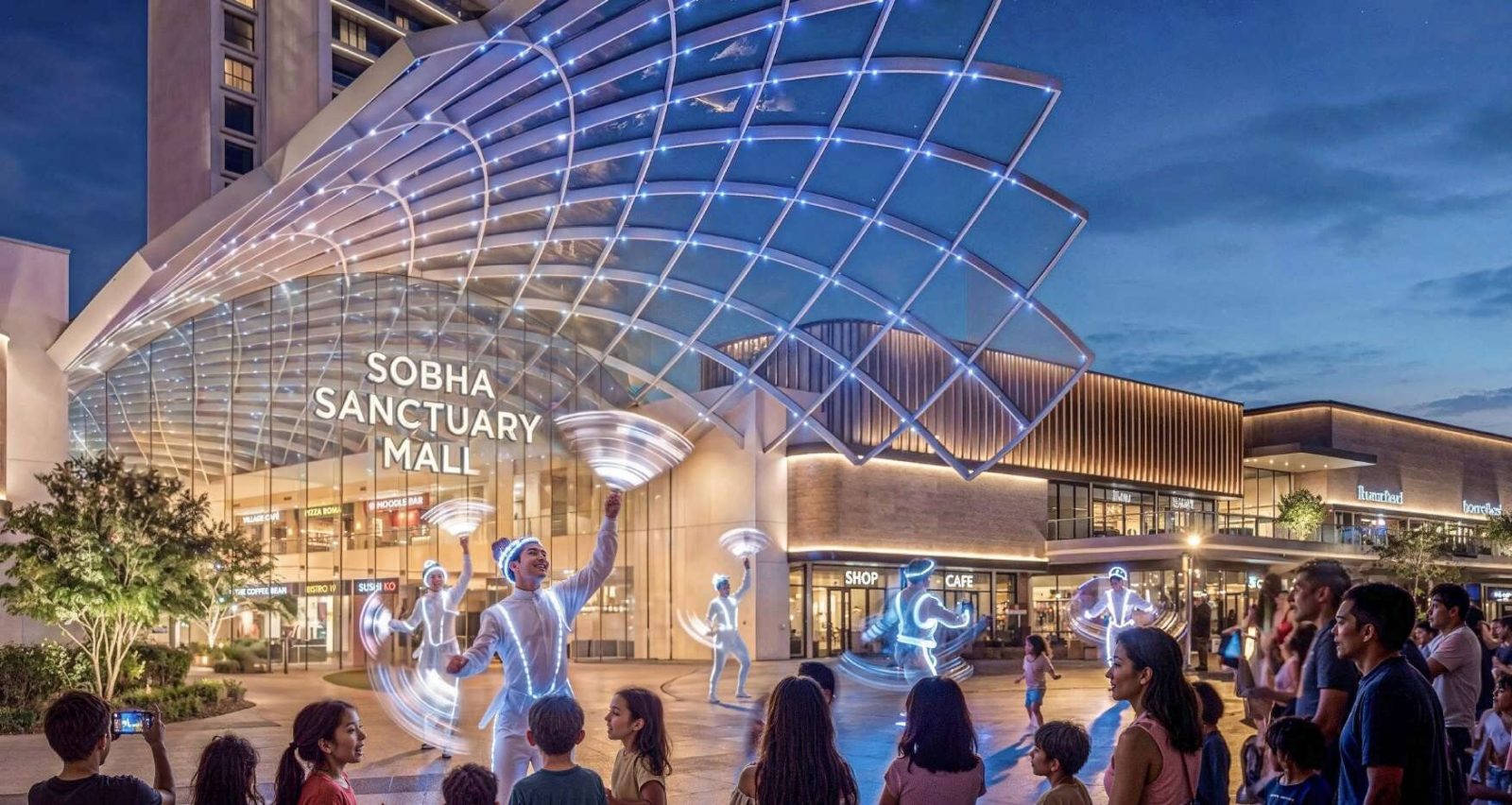 Sobha Sanctuary Mall at night, a glazed entrance canopy lit from within with a crowd gathered outside