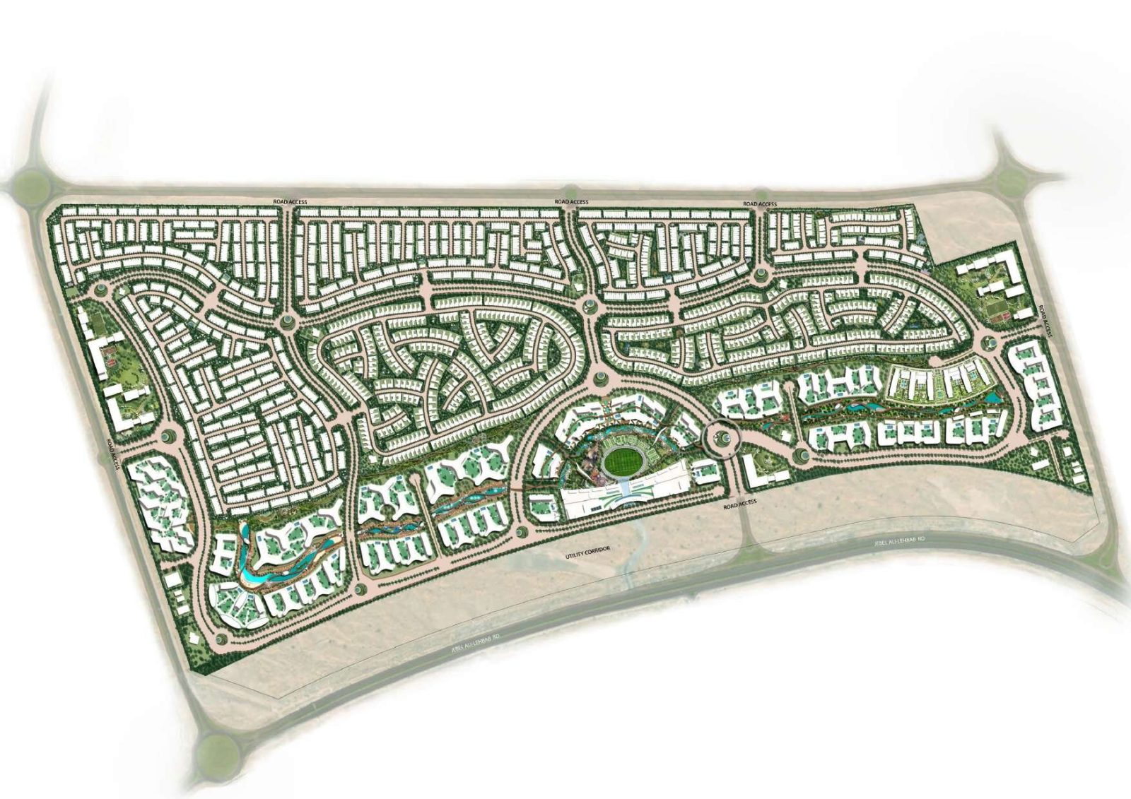 Illustrative masterplan of Sobha Sanctuary showing villa clusters, apartment districts, the central park and road access points