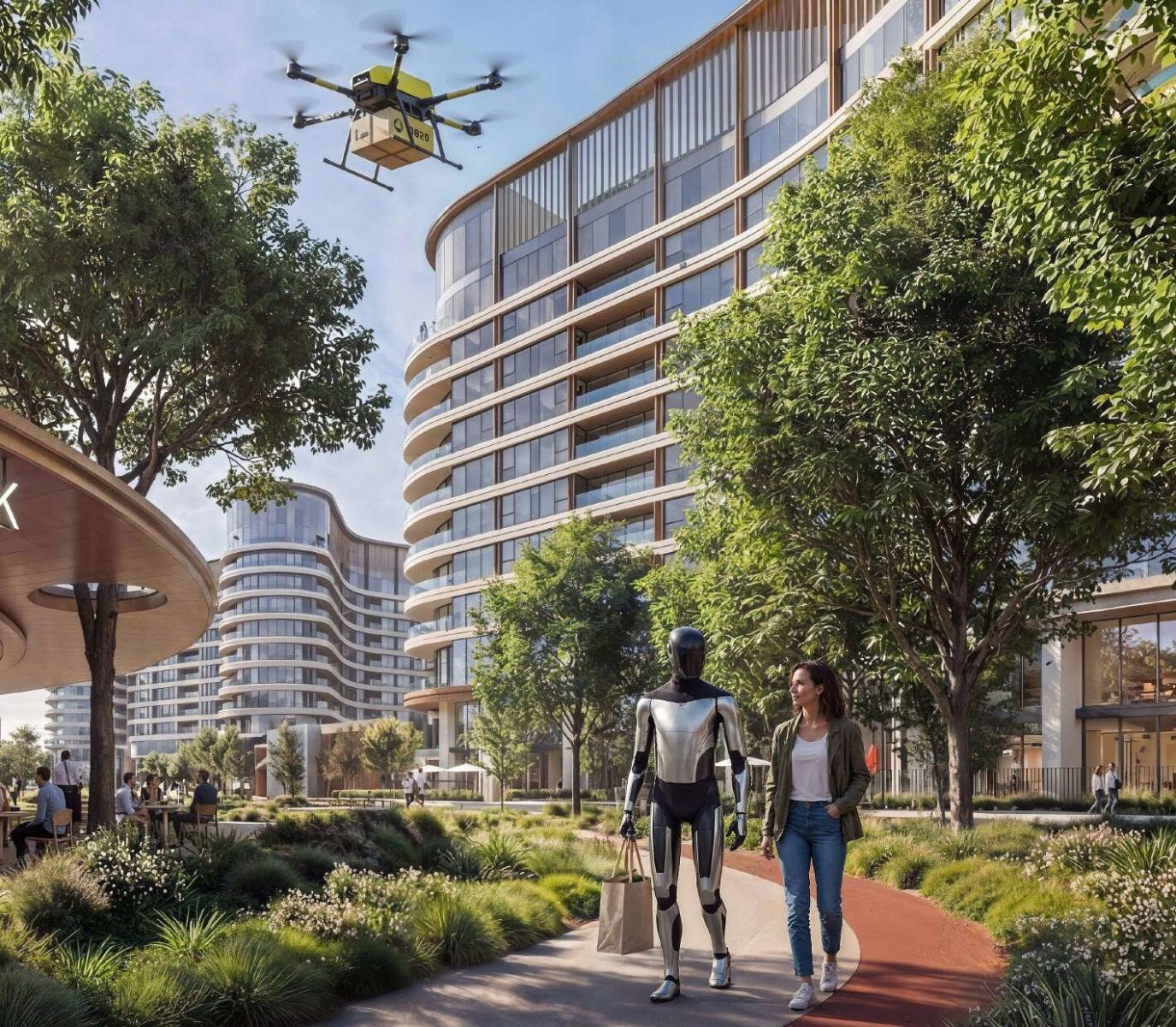 Landscaped walkway at Sobha Sanctuary with a delivery drone overhead and curved apartment towers behind