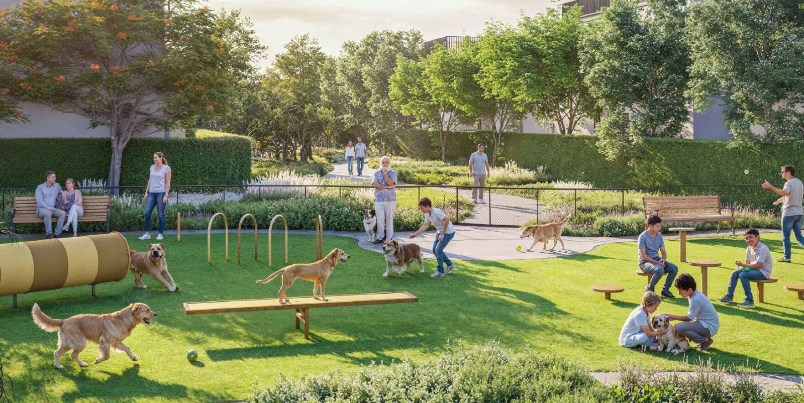 Fenced pet park at Sobha Sanctuary with agility equipment, dogs playing and benches around the lawn