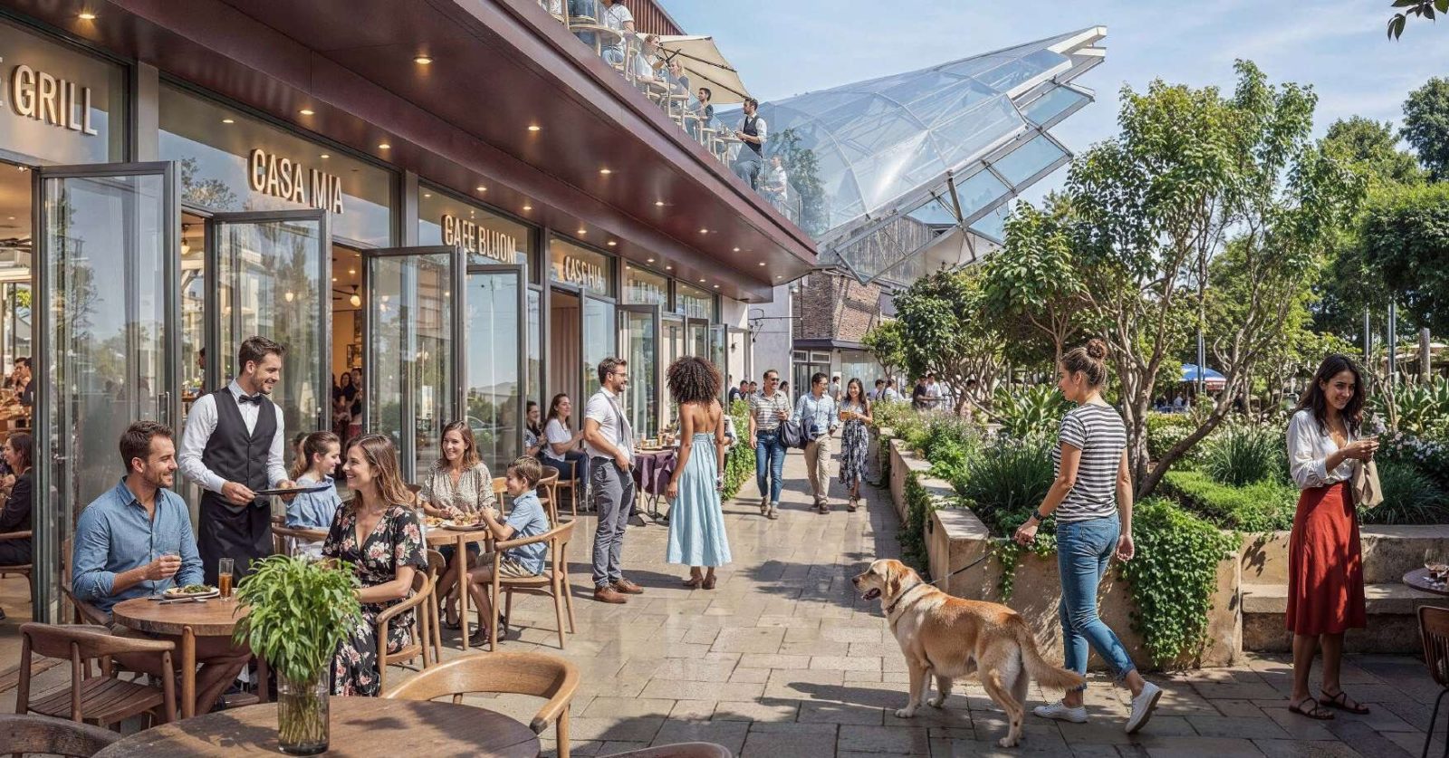 Retail and dining street at Sobha Sanctuary with pavement tables, shopfronts and people walking a dog