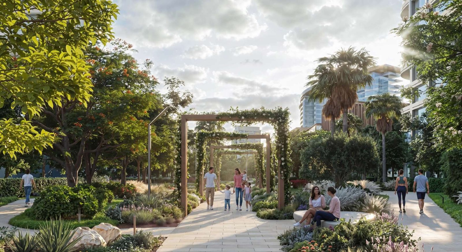 Pergola walk through planted gardens at Sobha Sanctuary with people walking and seating along the path