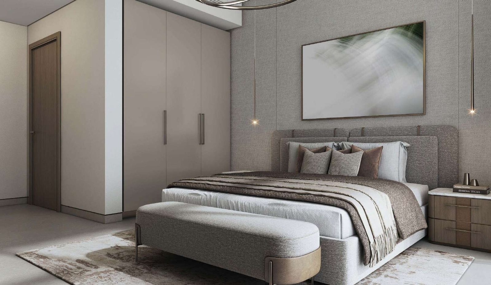 Master bedroom at The Woods Abode with fitted wardrobes, an upholstered headboard and pendant bedside lighting