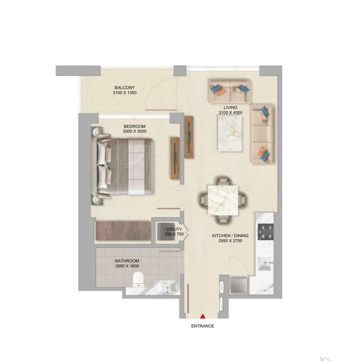 Floor plan of the 1 Bedroom Type A at The Woods Abode showing the bedroom, living area, kitchen and dining, utility, bathroom and balcony