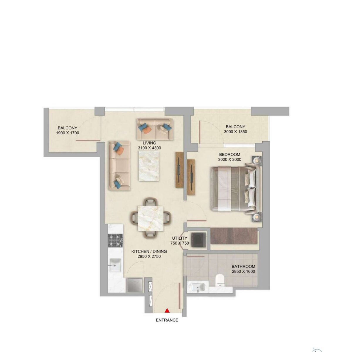 Floor plan of the 1 Bedroom Type B at The Woods Abode showing the bedroom, living area, kitchen and dining and two separate balconies