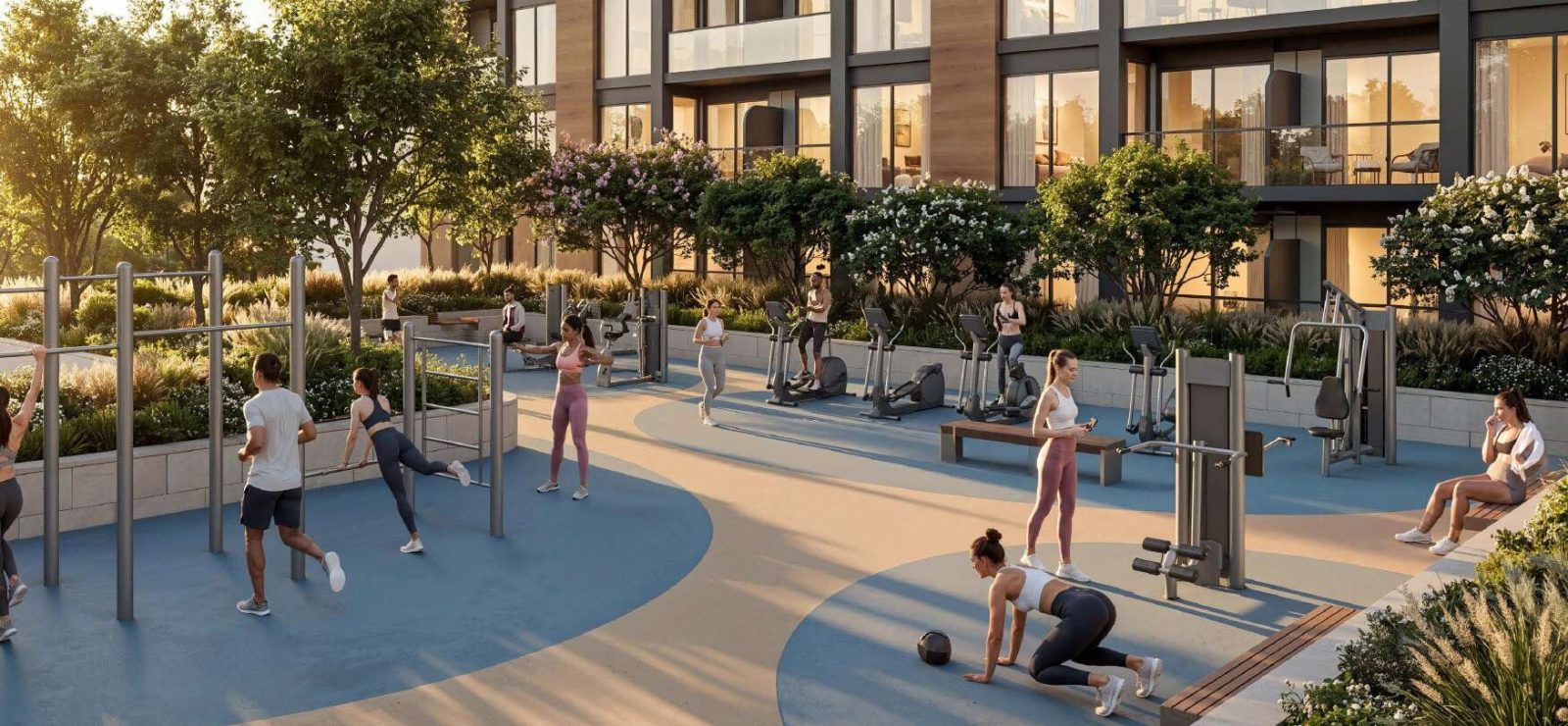 Outdoor fitness terrace at The Woods with resistance equipment and a running track beside planted beds