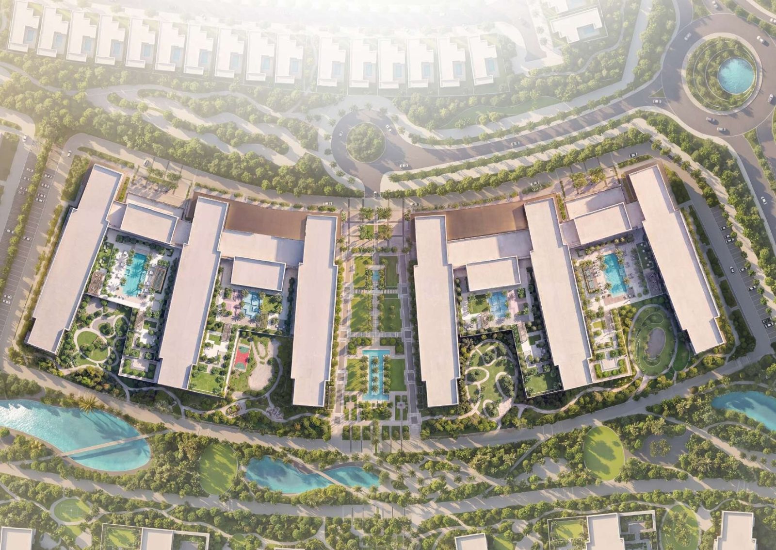 Aerial site plan of The Woods at Sobha Sanctuary showing the buildings, pool decks and gardens, with The Woods Abode marked