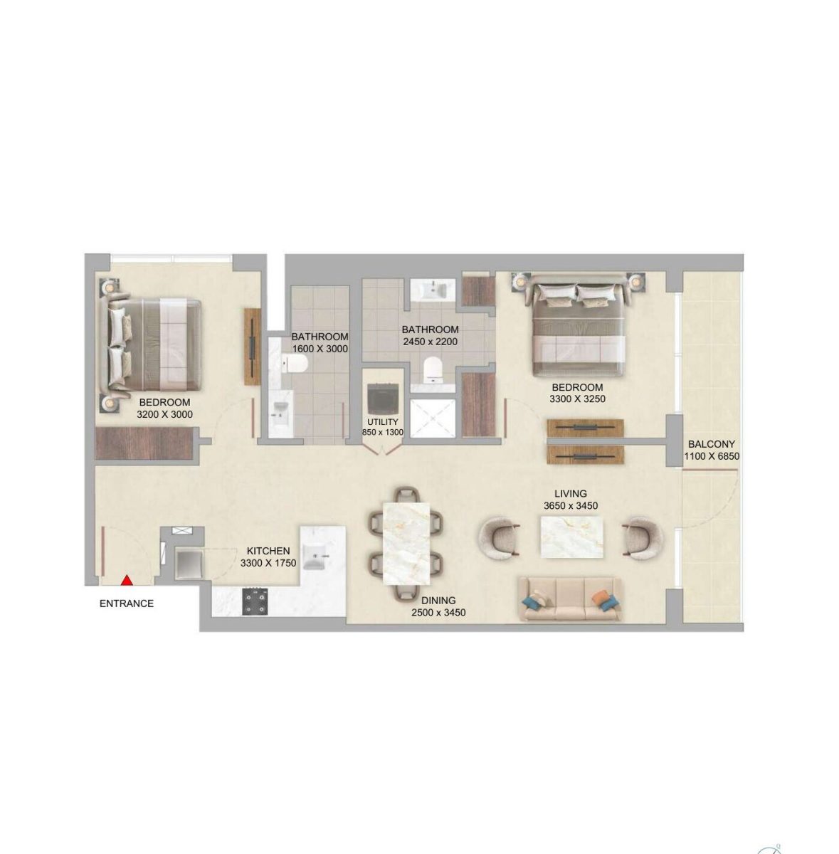 Floor plan of the 2 Bedroom Type A at The Woods Abode showing two bedrooms, two bathrooms, an open living and dining space and a long balcony