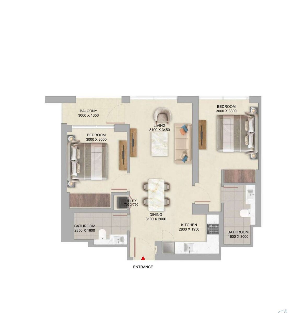 Floor plan of the 2 Bedroom Type D at The Woods Abode showing two bedrooms, two bathrooms, living and dining, kitchen, utility and balcony