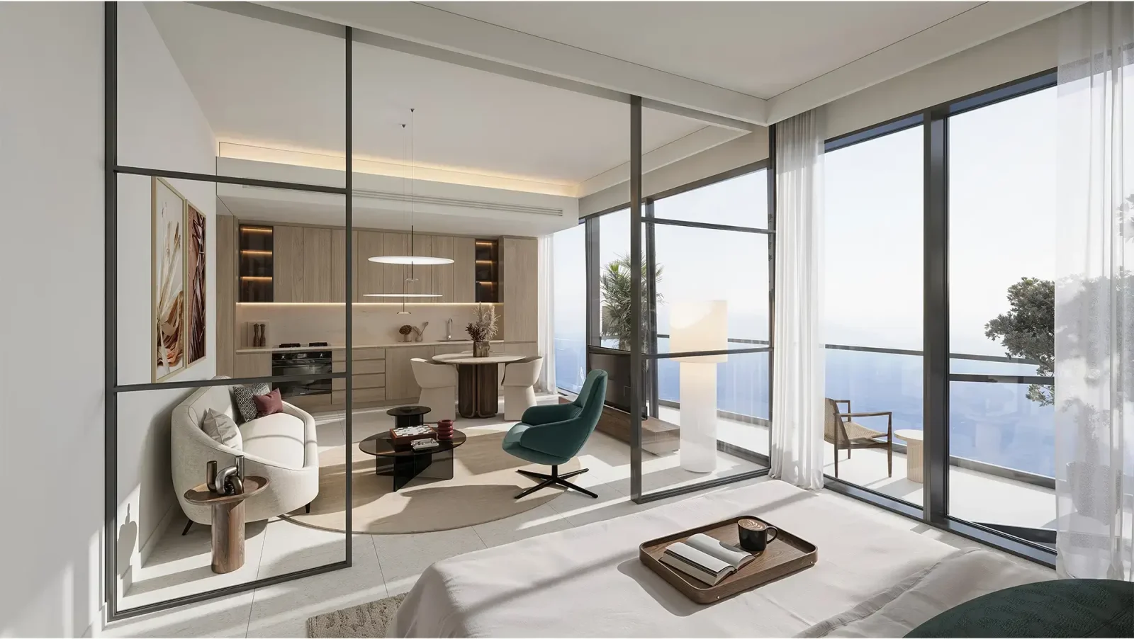 Corner living room render in a Solera apartment by RAK Properties