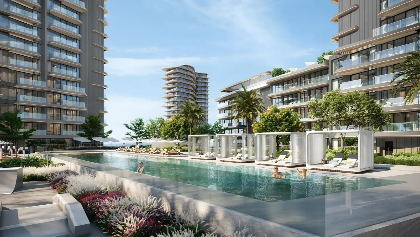 The lap pool and cabana deck at Solera by RAK Properties