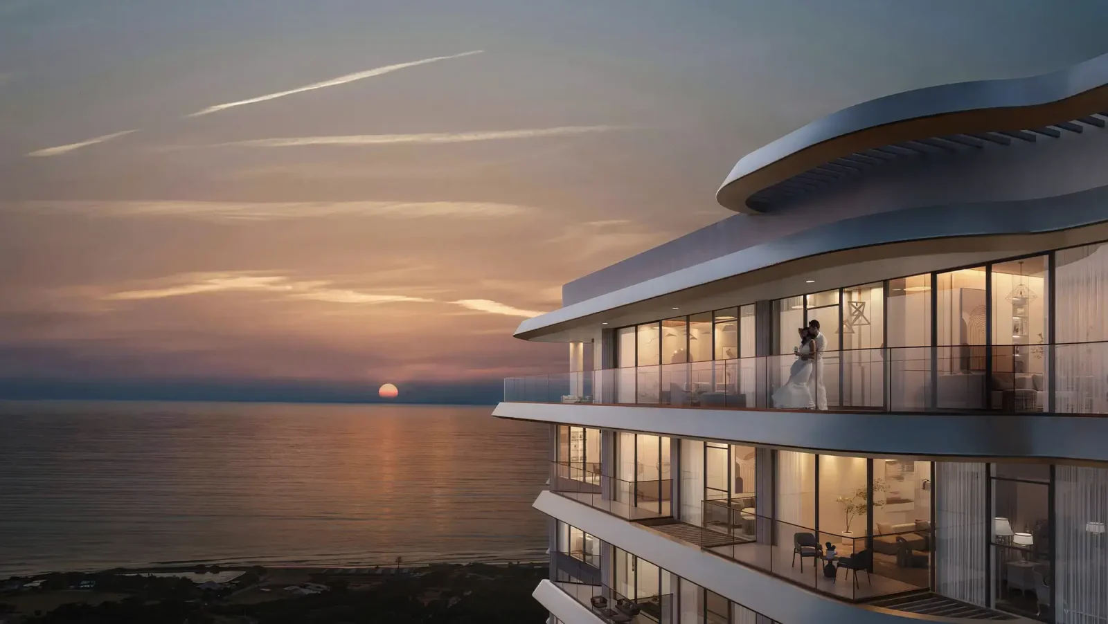 Waterfront elevation at sunset in a RAK Properties render for Solera, Ras Al Khaimah