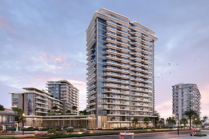 RAK Properties Solera, Solera by RAK Properties, render of the three buildings at dusk, Downtown Mina, Ras Al Khaimah