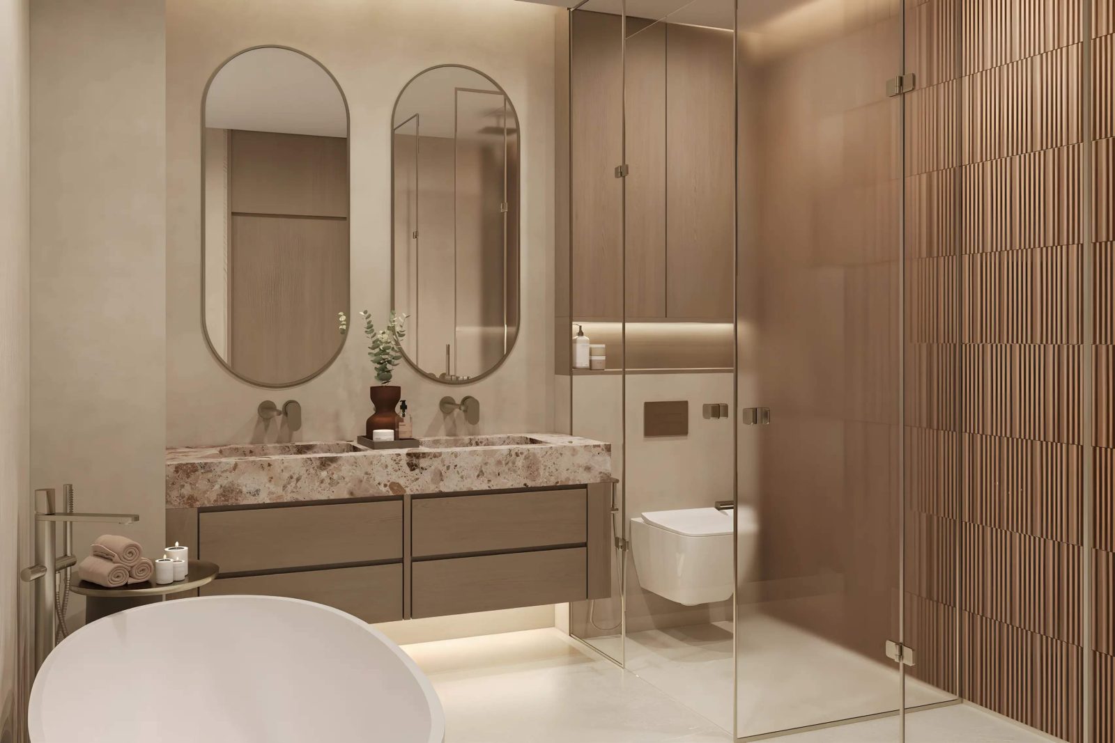Bathroom at SOMA Residences with a double stone vanity, freestanding bath and a walk-in shower