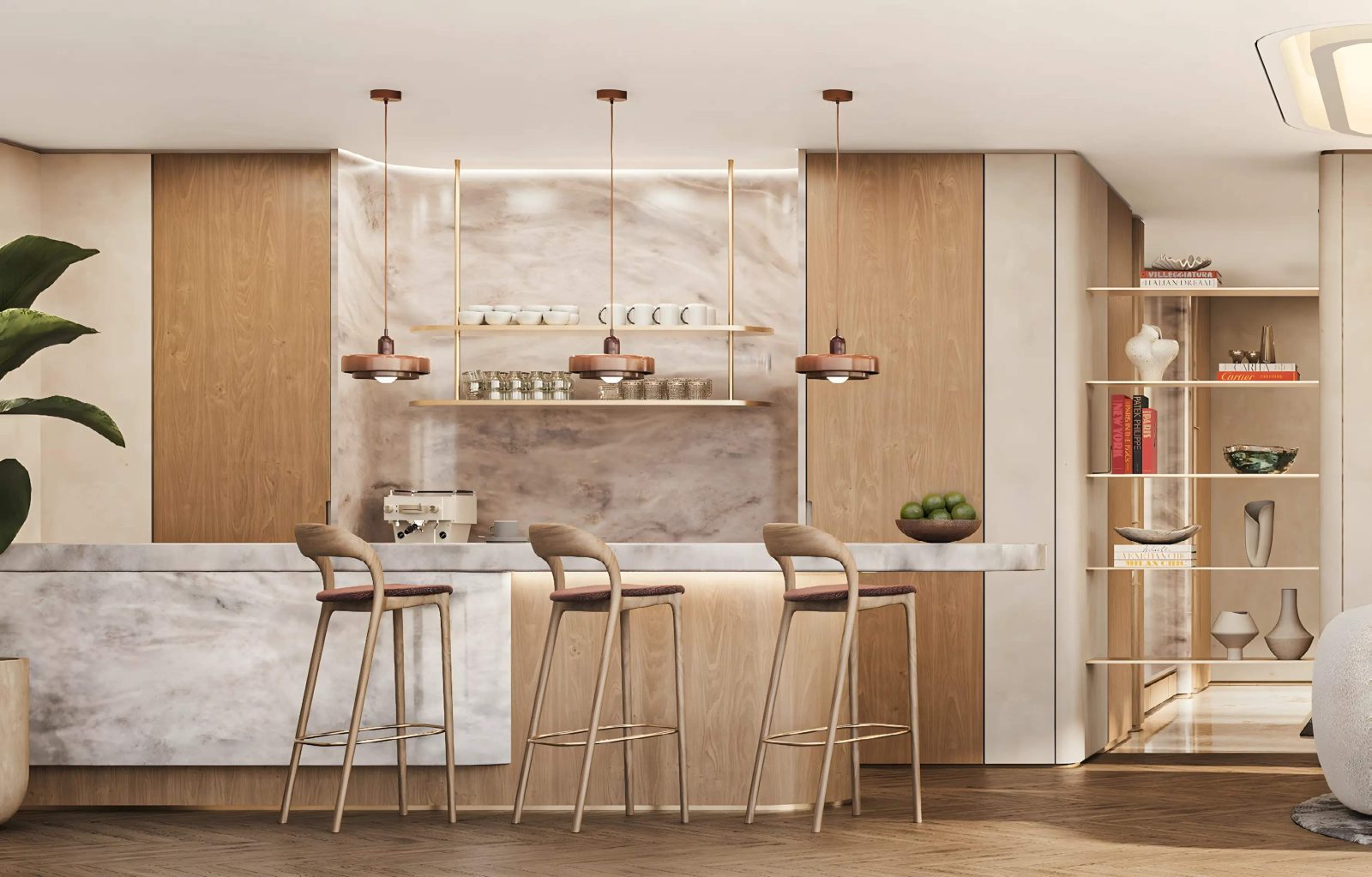 Cafe counter at SOMA Residences in marble and pale timber with bar stools