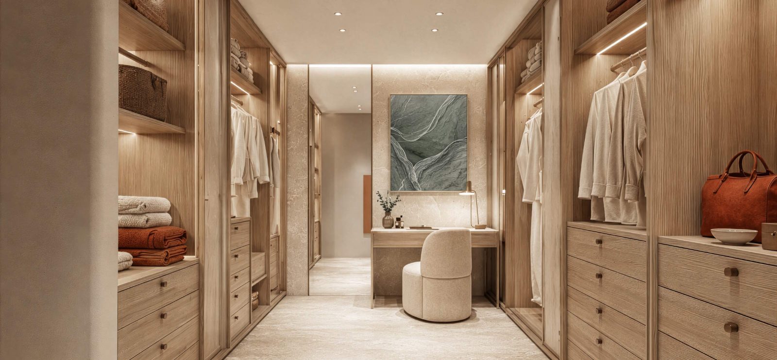 Walk-in dressing room at SOMA Residences with timber joinery, drawers and a seated vanity