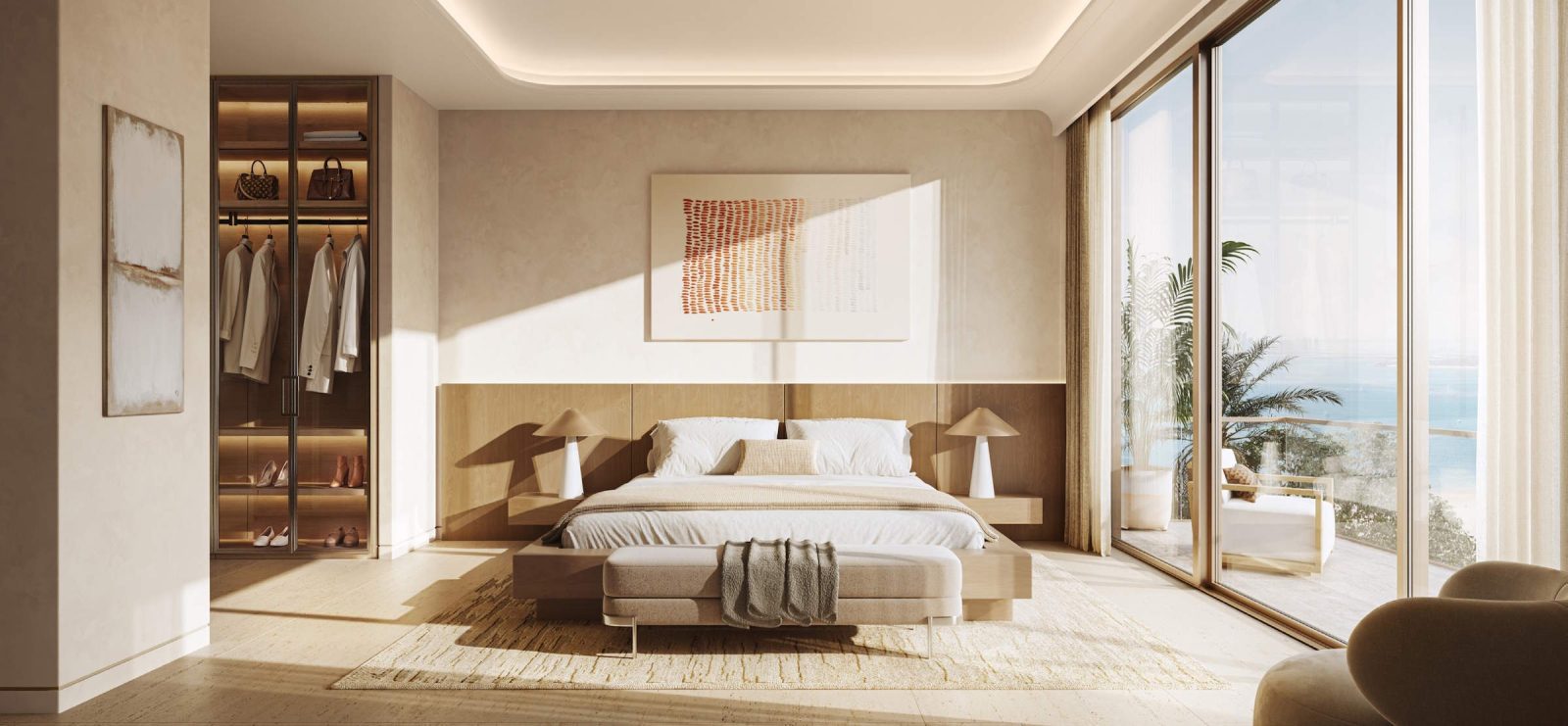 Master bedroom at SOMA Residences with an open walk-in wardrobe and a terrace beyond the glazing