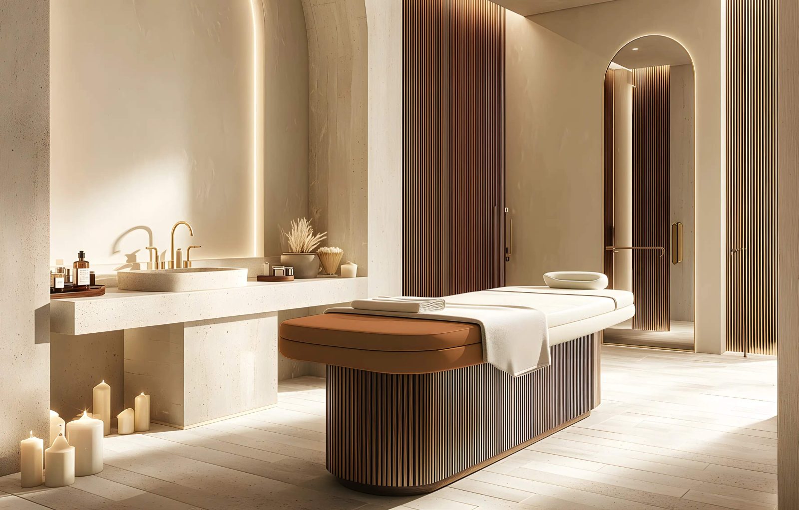 Treatment room at SOMA Residences with a massage table, stone basin and candles