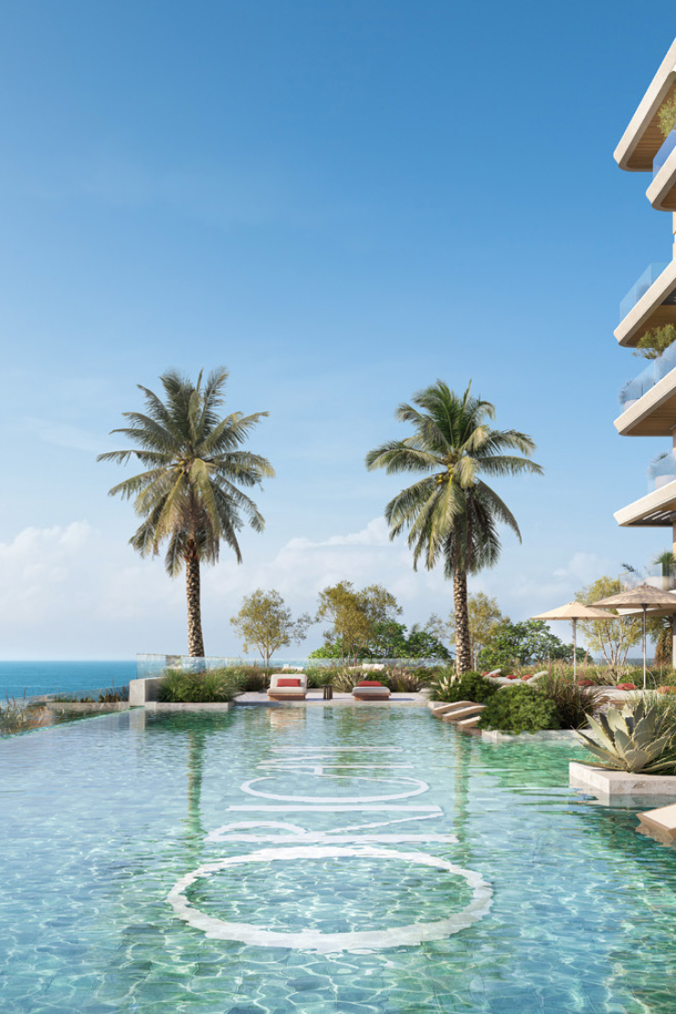 Render of the pool deck and sun terrace at SOMA Residences, looking out to the Gulf