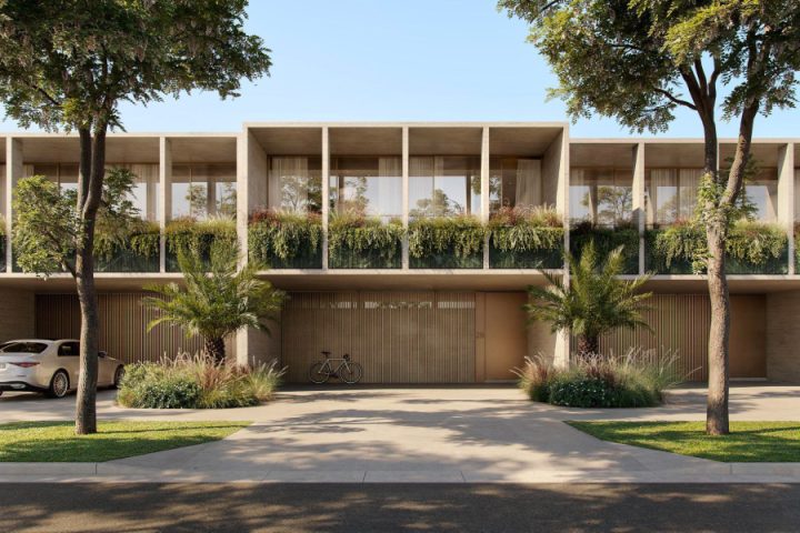 H&H Sunrise Valley, Sunrise Valley in Nad Al Sheba: render of the street elevation of the homes, with deep-set terraces and planted frontages